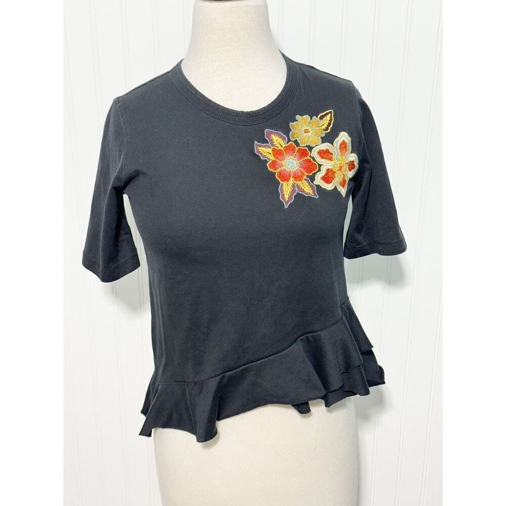 Sandro Paris Women's Asymmetric Peplum Floral Patch Embroidered Tee Black Size 4